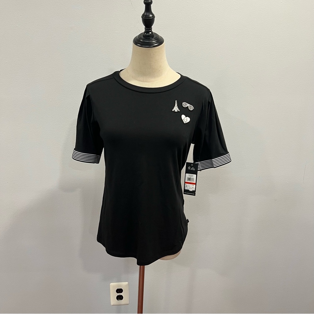 Karl Lagerfeld Black T-Shirt W/ Eiffel Tower, Heart & Rhinestone Glasses Patches